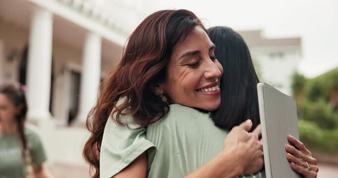 Woman, volunteer and hug with thank you for charity, generous donation or gratitude in city. Female person, activity or NGO with smile or embrace for community service or outreach together in town