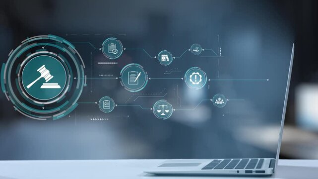 A robotic hand is shown interacting with digital legal icons above a laptop, illustrating the fusion of technology and legal practices in today evolving environment. Salient