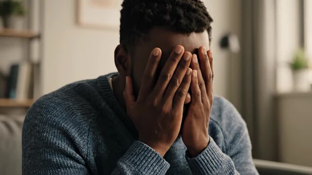 The Image Shows A Young African-american Man Sitting On A Couch With His