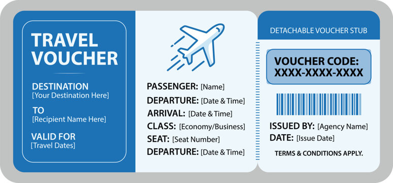 Travel voucher for flight booking with airplane icon and barcode for promotional use