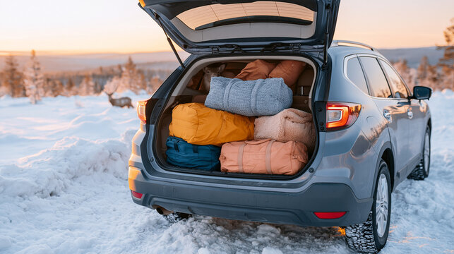 Packed car trunk full of luggage in snowy landscape with forest and deer, preparing for winter travel and outdoor adventure.
