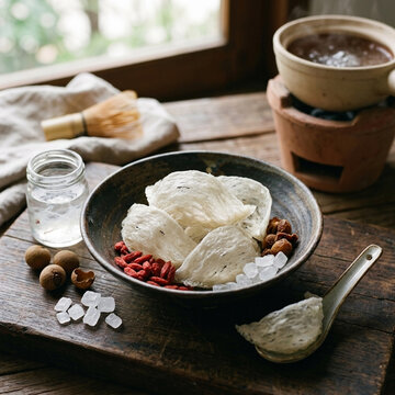 Delicate Birds Nest Soup Ingredients on Rustic Wooden Board with Steaming Pot