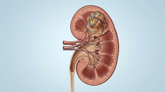 Cross section of human kidney showing a large kidney stone medical illustration