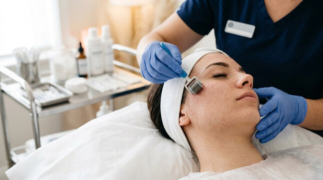 Dermatologist performing micro needling facial treatment on a young woman for skin rejuvenation and collagen stimulation