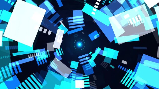 Abstract tunnel motion effect with glowing blue squares moving through digital space frame.