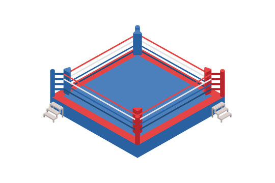 Boxing training ring, simple icon vector, isometric proportion, square boxing ring with four ropes and corner posts, minimal clean shapes, isolated white background, no people