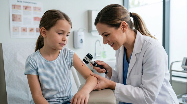 Dermatologist examines childs arm for skin conditions in medical examination room
