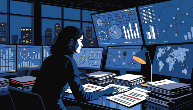 Woman analyst working in high-tech control room with data screens and maps, vector illustration style