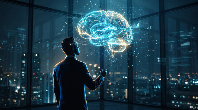 Businessman silhouette with glowing digital brain hologram above his head, illustrating AI decision making concept, smart business intelligence, and futuristic corporate technology