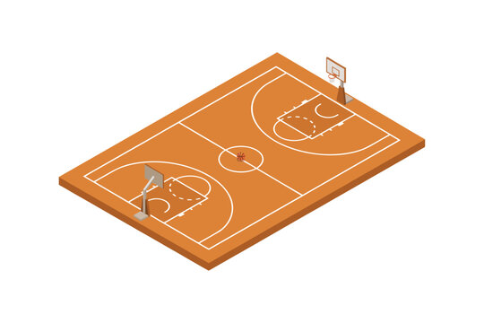 Basketball court, simple icon vector design, isometric proportion, orange wooden court with basketball hoops, clean markings, minimal details, isolated white background, crisp edges, no text