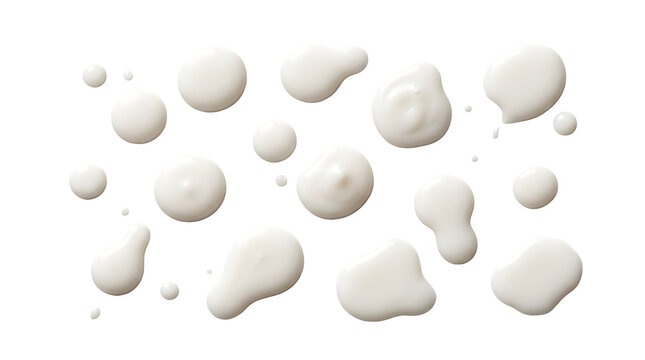 Set of various white liquid cream or yogurt drops isolated on transparent background