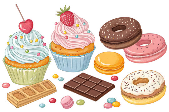 Sweet dessert doodle illustration with macarons, cupcakes, candy, chocolate, donuts.
