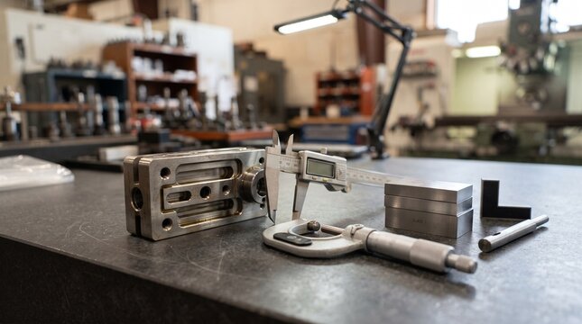Precision measuring tools including digital caliper and micrometer on workbench in machine shop.