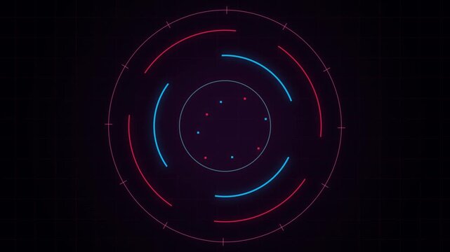 Futuristic circular data interface displaying rotating neon rings on dark digital grid background.