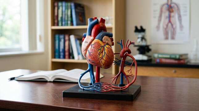 Anatomical Heart Model on Desk with Bookshelf and Microscope in Medical Classroom