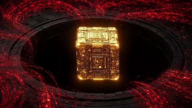 Sci-fi glowing gold artifact hovering above dark energy vortex