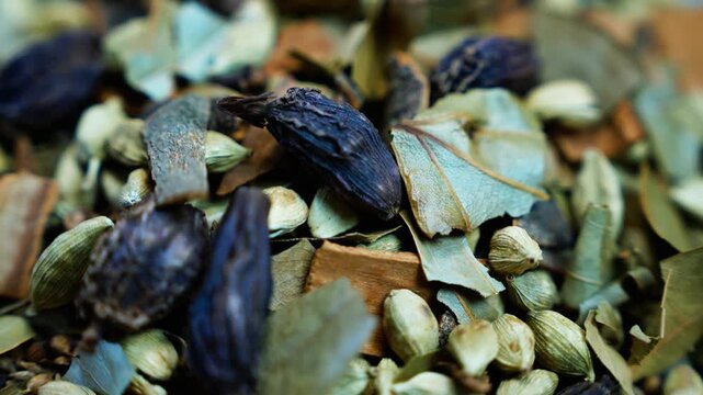 Dried herbs and spices with seed pods and leaves, Close-up of dried herbs, spices, seed pods, and curled leaves scattered in earthy natural tones, creating a rustic botanical texture.