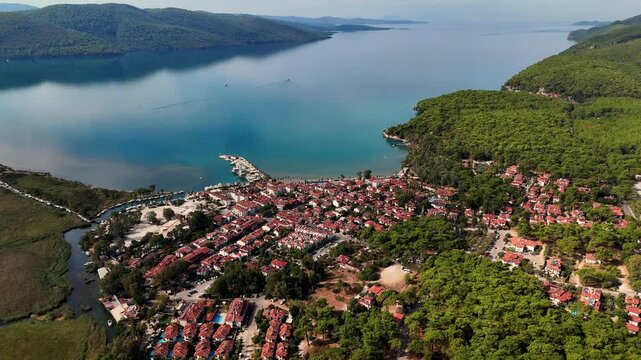 Aerial View of Akyaka Coastal Town and Azmak River in Mugla Turkey