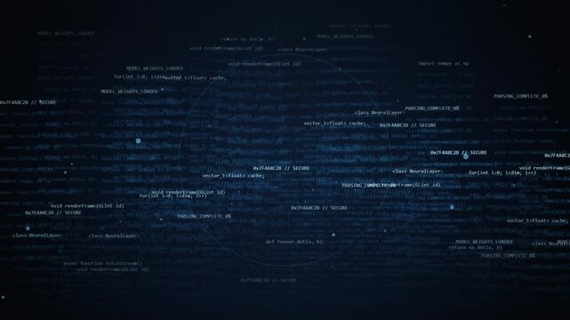 Digital code streams float through space around glowing circular node in dark virtual background.