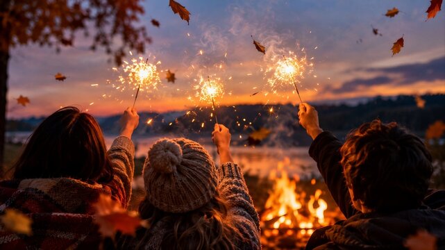 People holding sparklers around campfire during autumn sunset camping trip