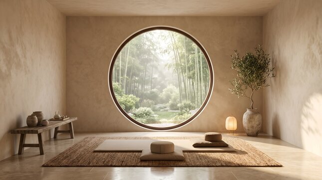 Zen Meditation Room with Bamboo Garden View