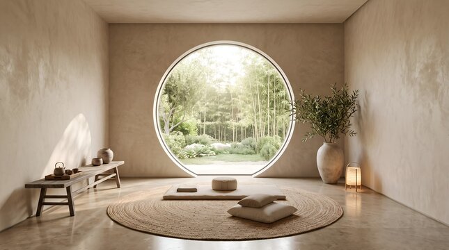 Zen Meditation Room with Bamboo Garden View