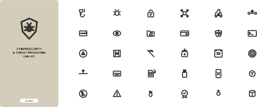 Cybersecurity threats and cybercrime line icons set. Editable stroke.