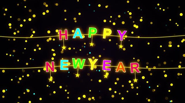 Glowing Colorful Happy New Year Garland with Twinkling Golden Dust Celebration 