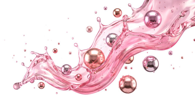 Abstract pink liquid splash with glossy metallic spheres isolated on transparent background