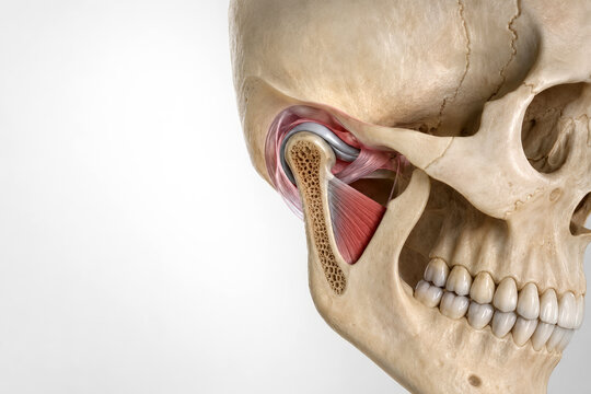 Temporomandibular joint anatomy beside human skull is visualized in an anatomical cutaway with oral structures clearly defined. Patient education and treatment planning. Copy space