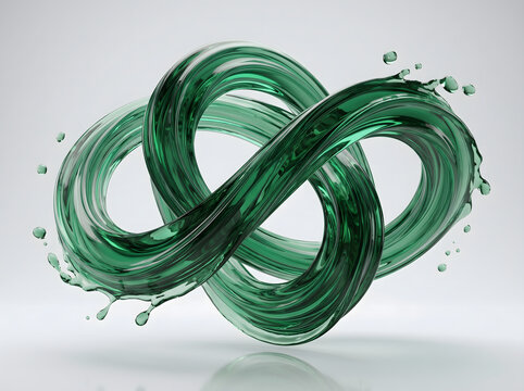 Abstract Green Liquid Infinity Ribbon Sculpture Floating in Space, Flowing 3D Fluid Loop Symbolizing Connection, Continuity, Balance and Modern Technology