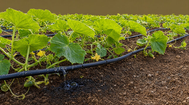 Cucumber vine rooting with surface drip tape delivering water at base