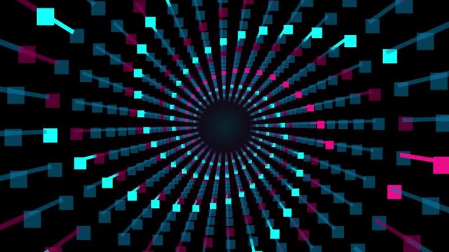 Neon square tunnel moving in spiral motion digital abstract background for futuristic content.