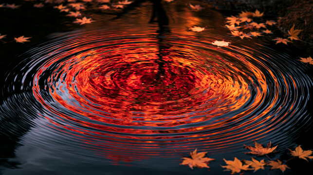 Bright vibrant autumn maple leaves floating inside calm dark water ripples on white background