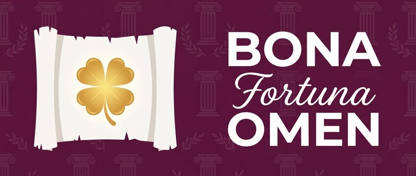 Latin Good Luck Motto Banner featuring a golden four leaf clover on a white paper scroll with ancient Roman pillar background pattern, classical concept of fortune, blessing, and a positive omen text