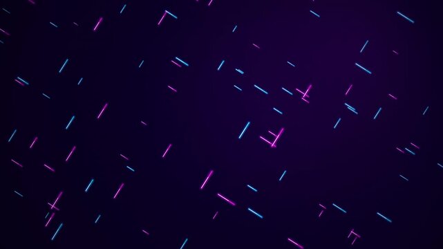 Neon blue and pink dashed lines moving across dark purple space background digital motion art.
