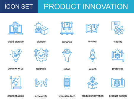 product innovation icon collection set. with cloud storage, pioneer, Enhance, revamp, Viability, green energy, upgrade

















































































