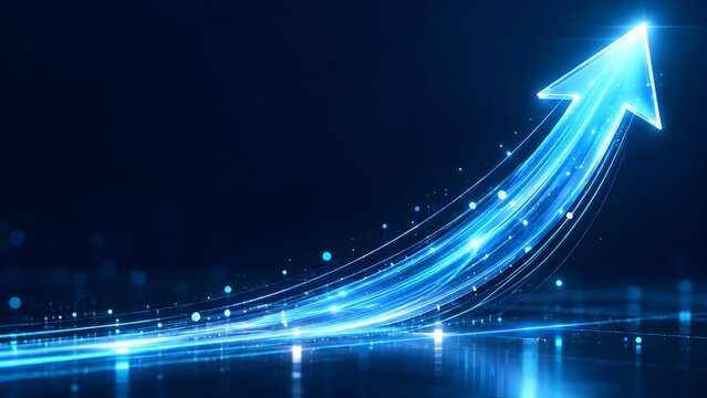 Dynamic Luminous Blue Arrow Sweeping Upward Symbolizing Rapid Technological Expansion and Financial Success