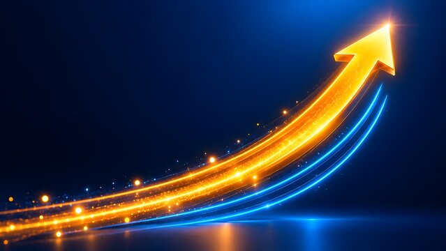 Golden Sweeping Arrow with Glowing Particles Ascending Representing Wealth Creation and Premium Business Growth