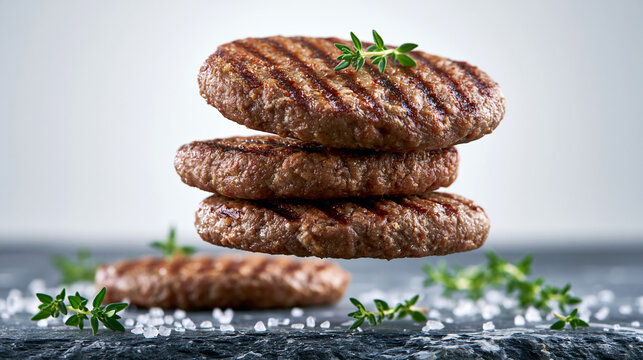 Stack of three perfectly grilled hamburger patties with fresh thyme and sea salt on dark stone plate.