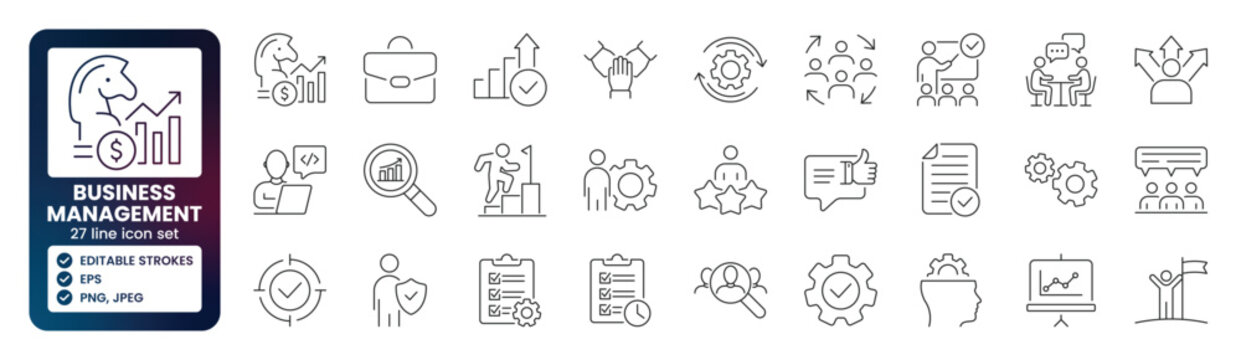 Business management web line icon set with leadership, teamwork, strategy, performance, organization, workflow, decision making and corporate success concepts. Editable stroke