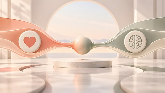 3D Abstract Representation of Emotional Intelligence Showing Balance Between Heart and Brain Symbols in a Minimalist Architectural Space with Soft Sunlight and Zen Atmosphere