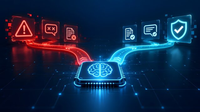 Artificial intelligence content moderation concept showing a neural processor filtering data into safe and harmful categories with blue security shield and red warning icons on a digital circuit.