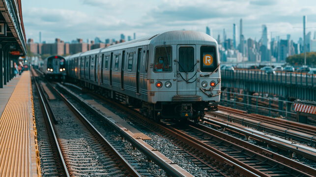 Subway train with orange r logo on tracks heading towards city skyline with buildings and cars passing by in daylight.