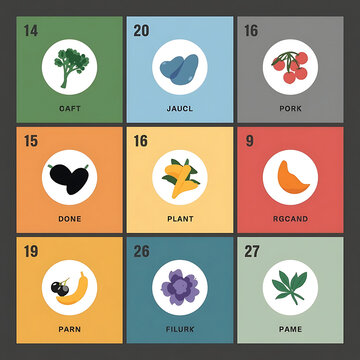 Grid of nine botanical and agricultural icons with corresponding numbers and fantasy names in colorful square frames serves as gamified farming user interface.
