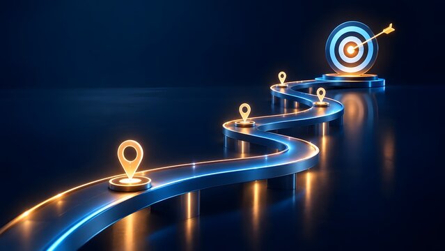 Futuristic Business Roadmap with Glowing Map Pins and Arrow Hitting the Bullseye Target on a Winding Path, Concept for Strategic Planning, Goal Achievement, Success, and Milestone Tracking.