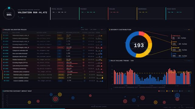The automated data validation dashboard showcases failed rules, severity levels, and affected datasets with a sleek design and dynamic visualizations in a dark, high-tech style.