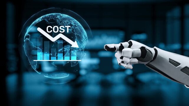 A robotic hand points at a floating digital representation of cost graphs and global trends, symbolizing advanced analytics and efficient business decision-making. Synapse