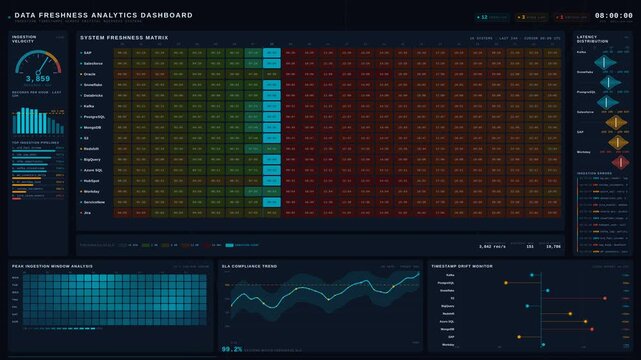 Explore a sophisticated Data Freshness Analytics Dashboard showcasing ingestion timestamps across critical business systems with an ultra-clean technical aesthetic and vibrant color coding.