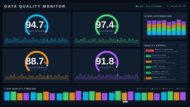 Explore a Data Quality Monitoring Dashboard showcasing Completeness, Accuracy, Consistency, and Validity Scores in a sleek dark-mode design with animated elements.